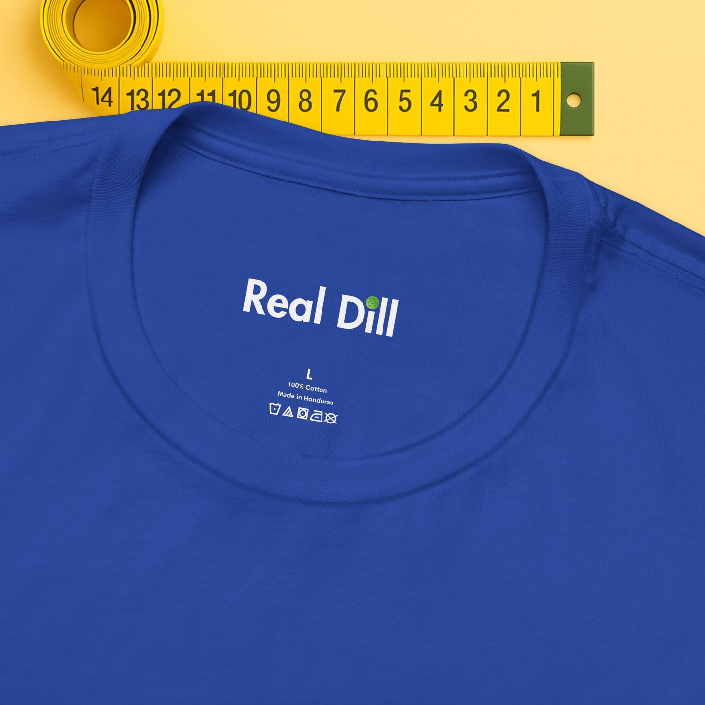 blue close-up of neck label – real dill pickleball shirt branding