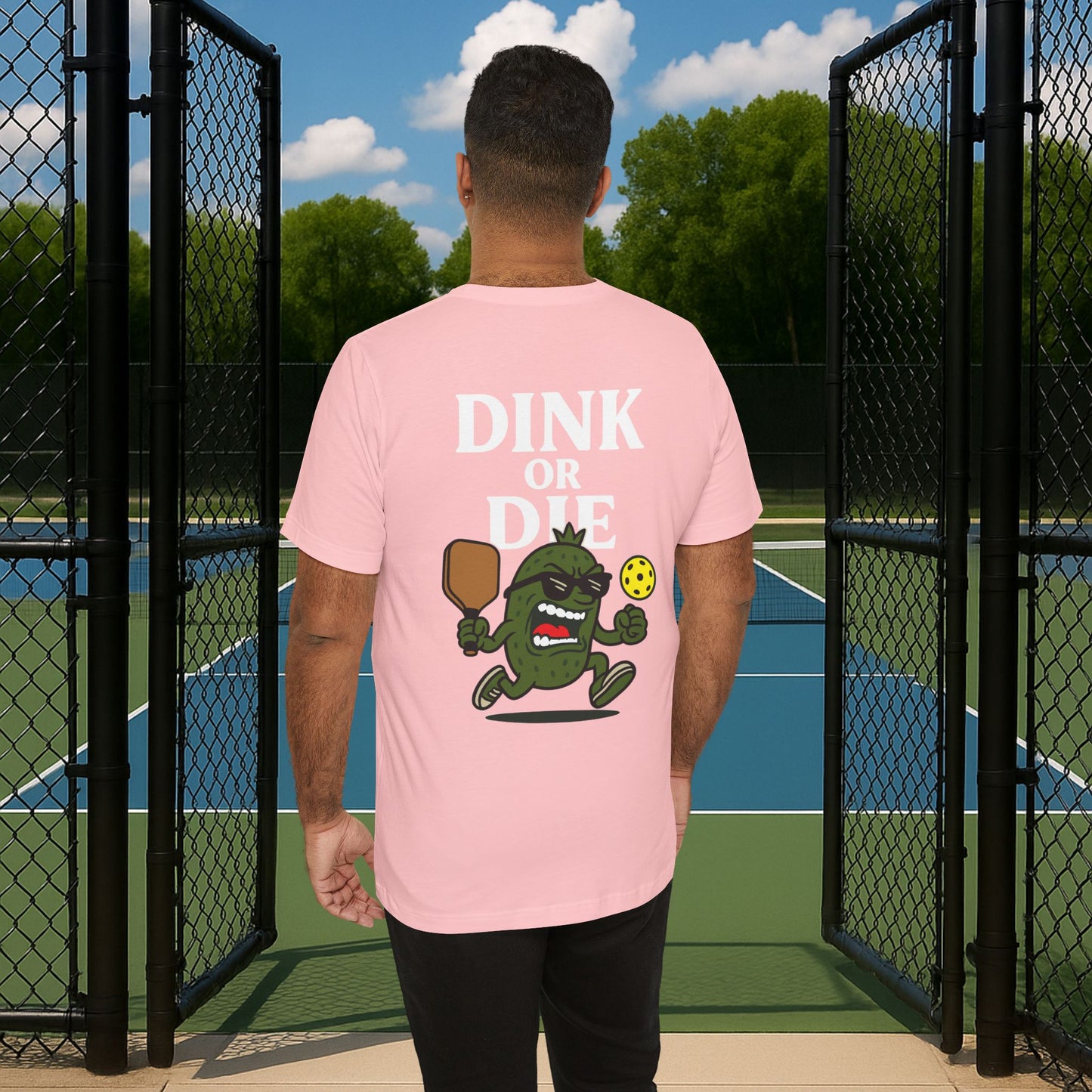pink dink or die men's pickleball shirt – back print worn