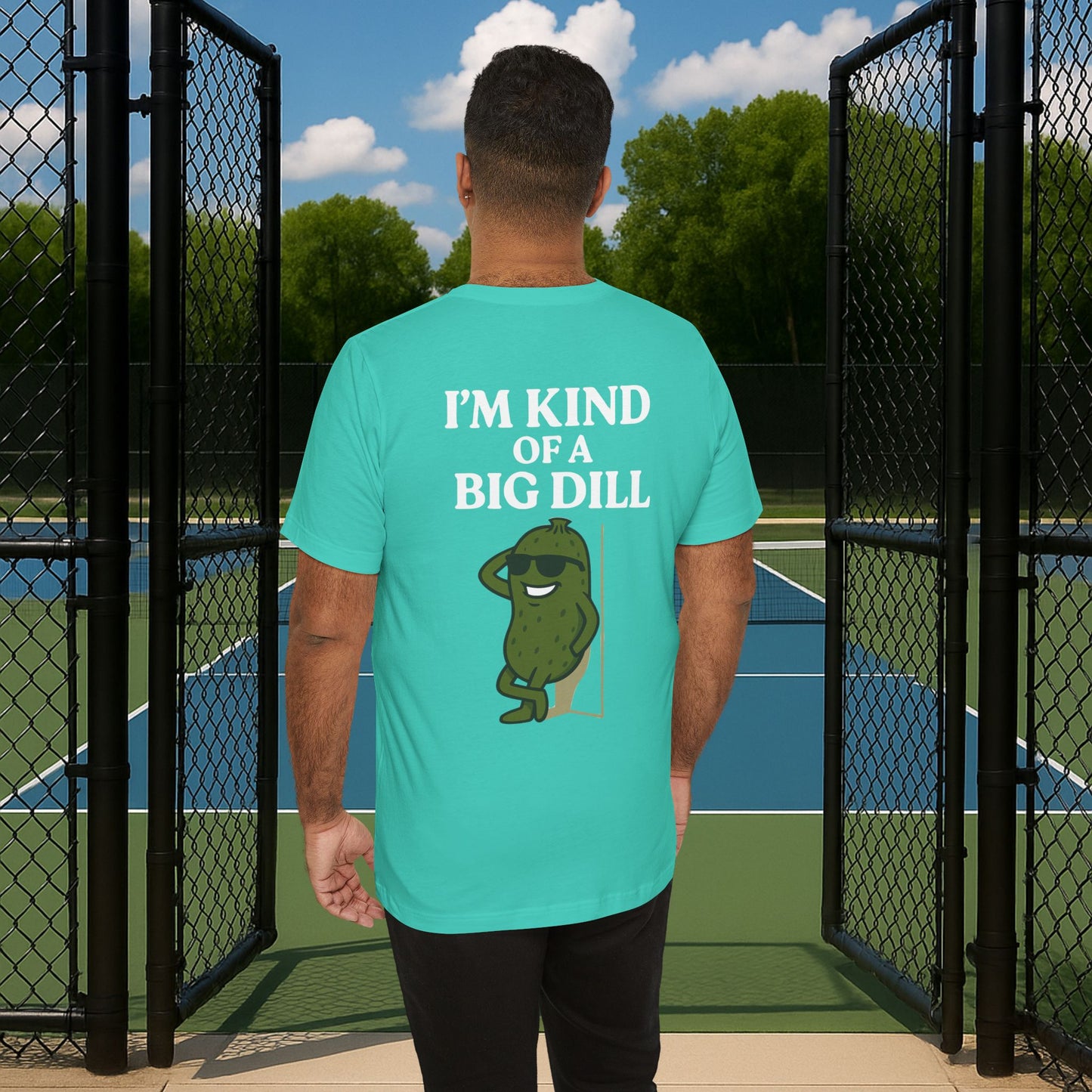 green i'm kind of a big dill men's pickleball shirt – back print worn