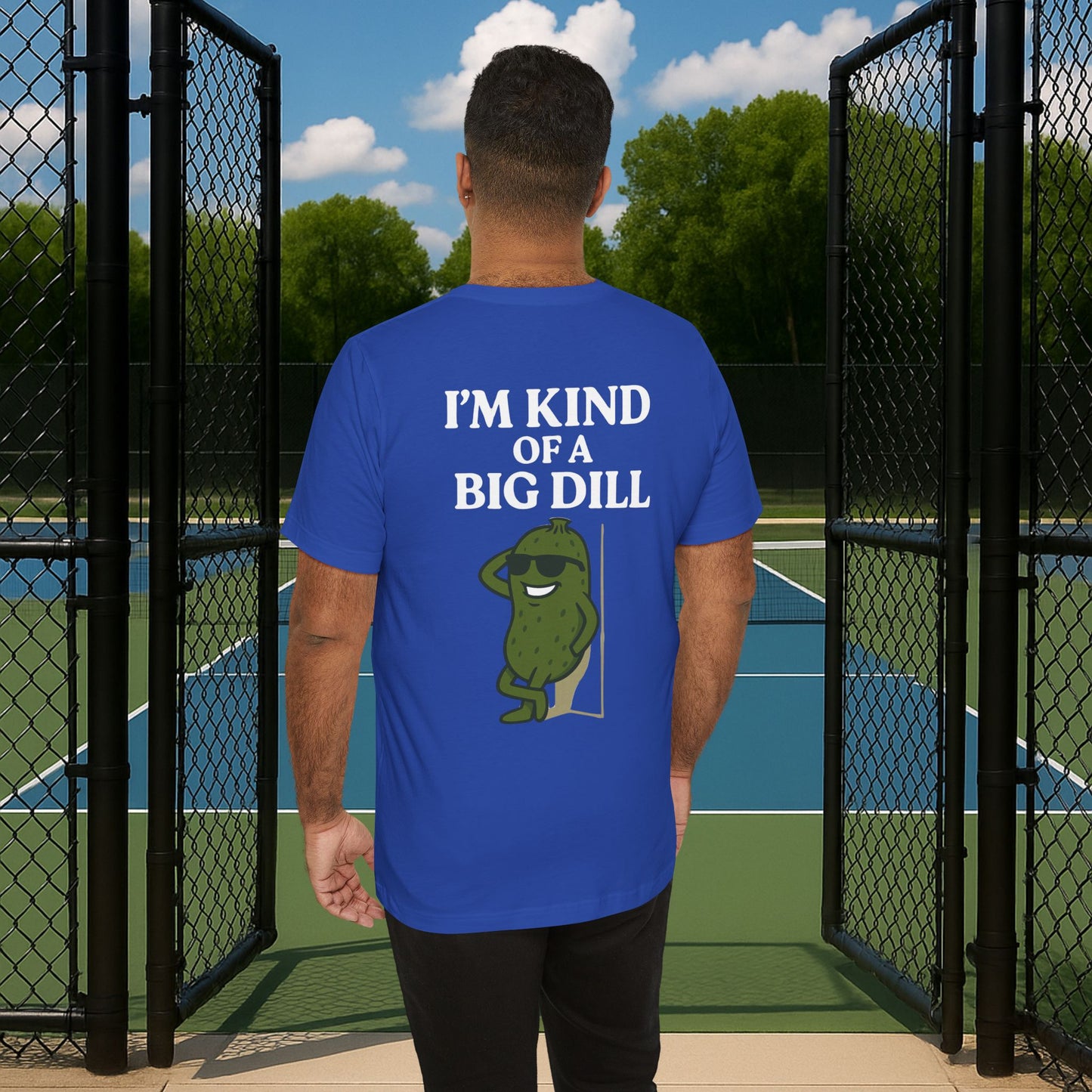 blue i'm kind of a big dill men's pickleball shirt – back print worn