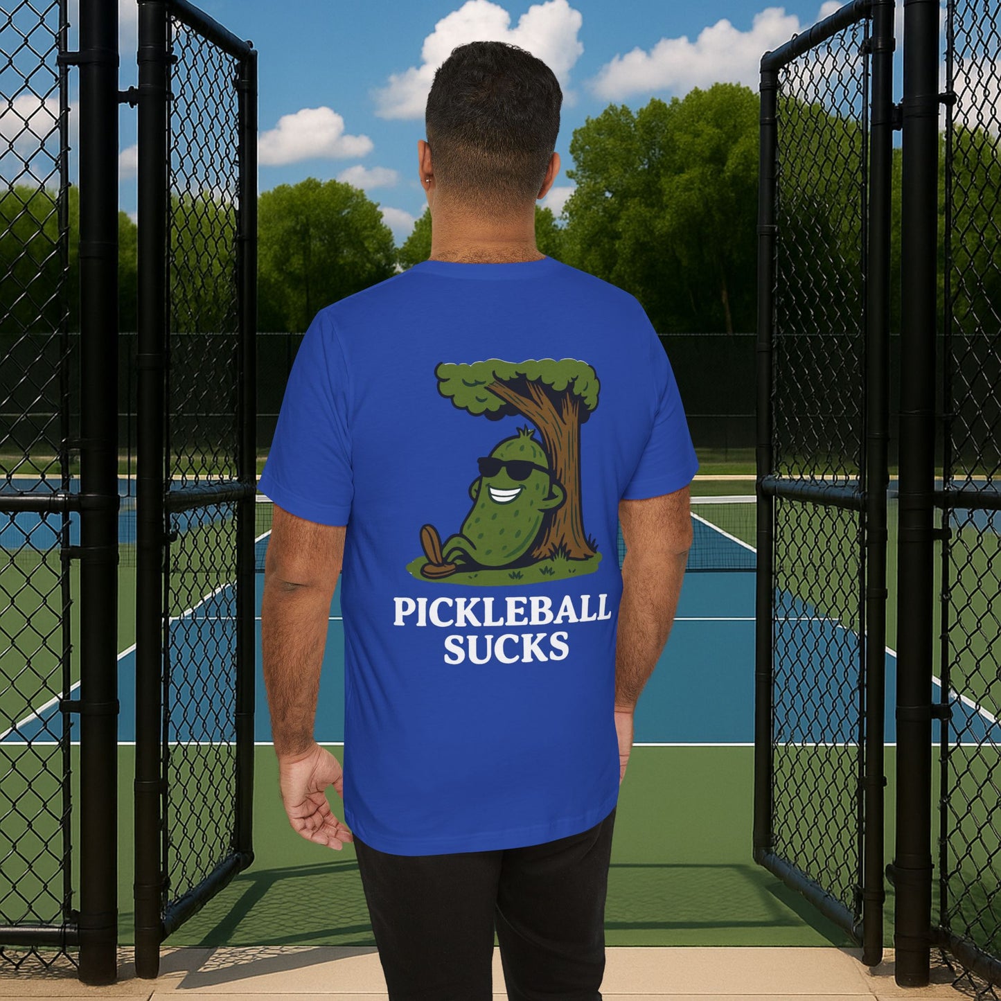 blue pickleball sucks men's pickleball shirt – back print worn