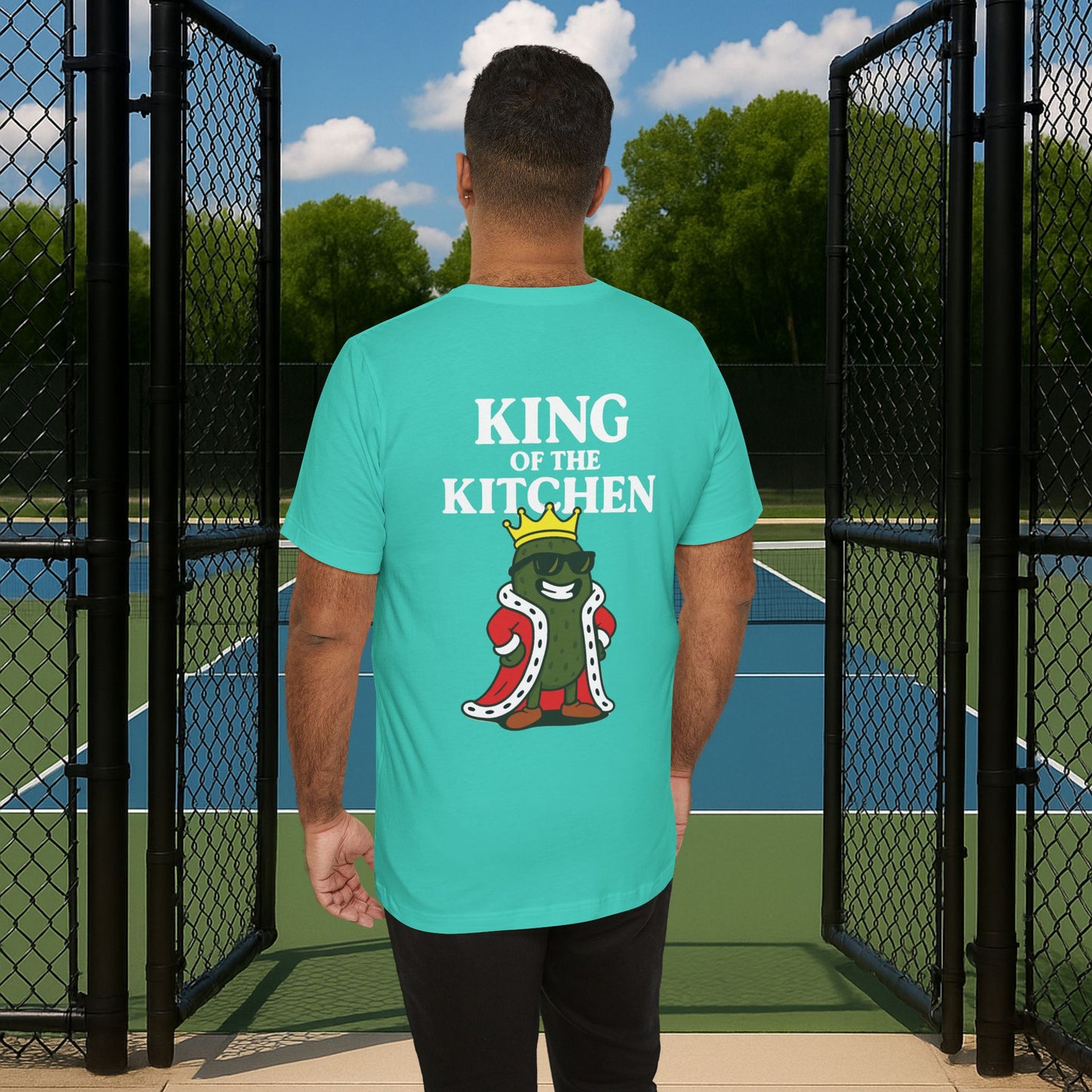 green king of the kitchen men's pickleball shirt – back print worn