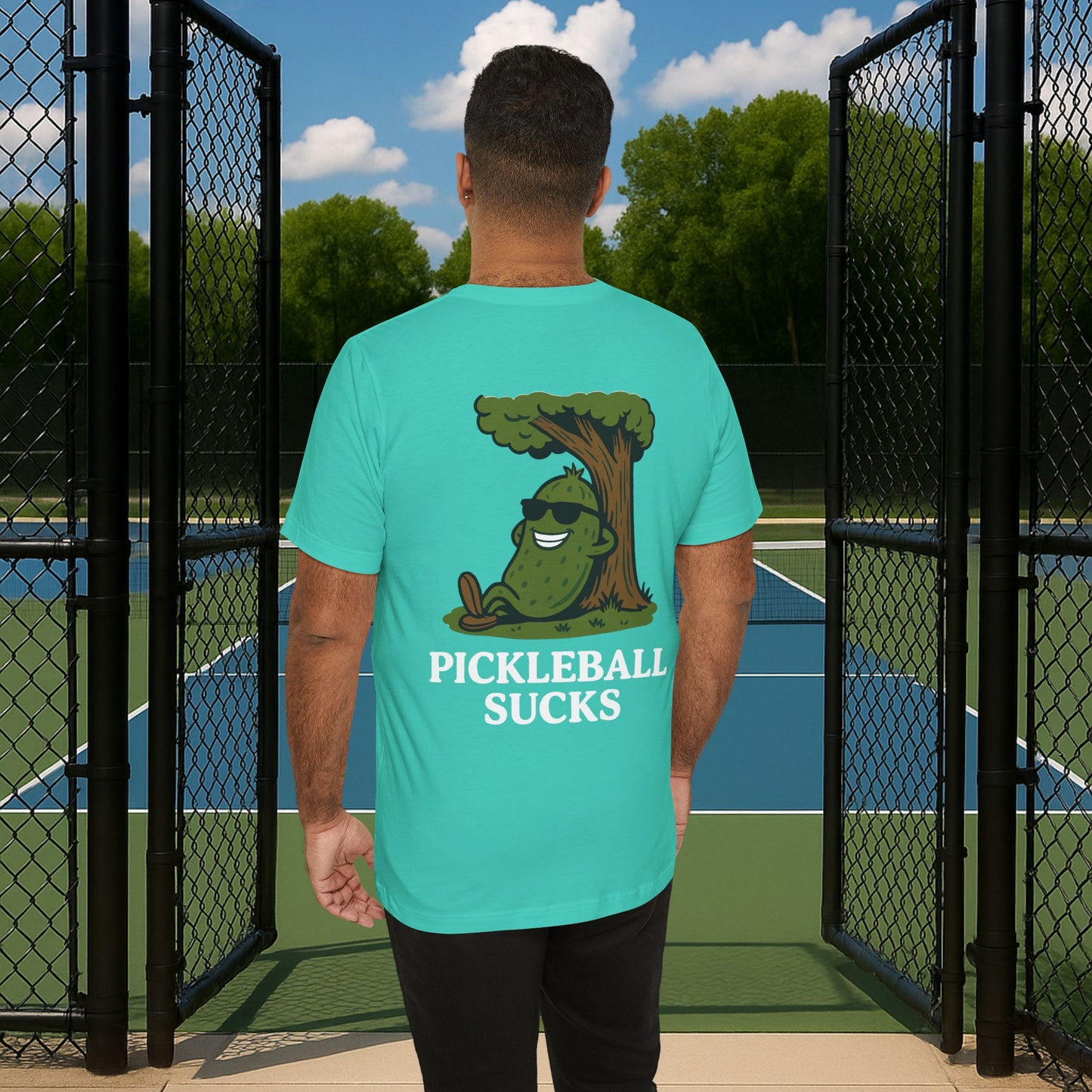 green pickleball sucks men's pickleball shirt – back print worn