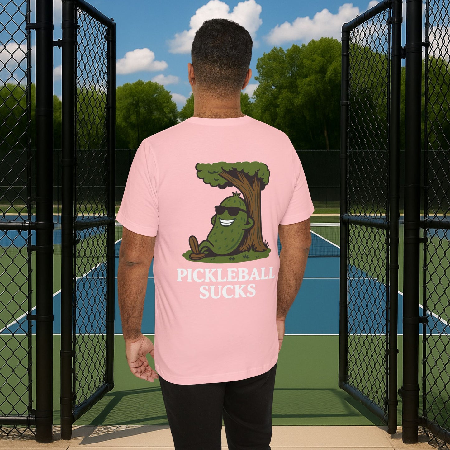 pink pickleball sucks men's pickleball shirt – back print worn