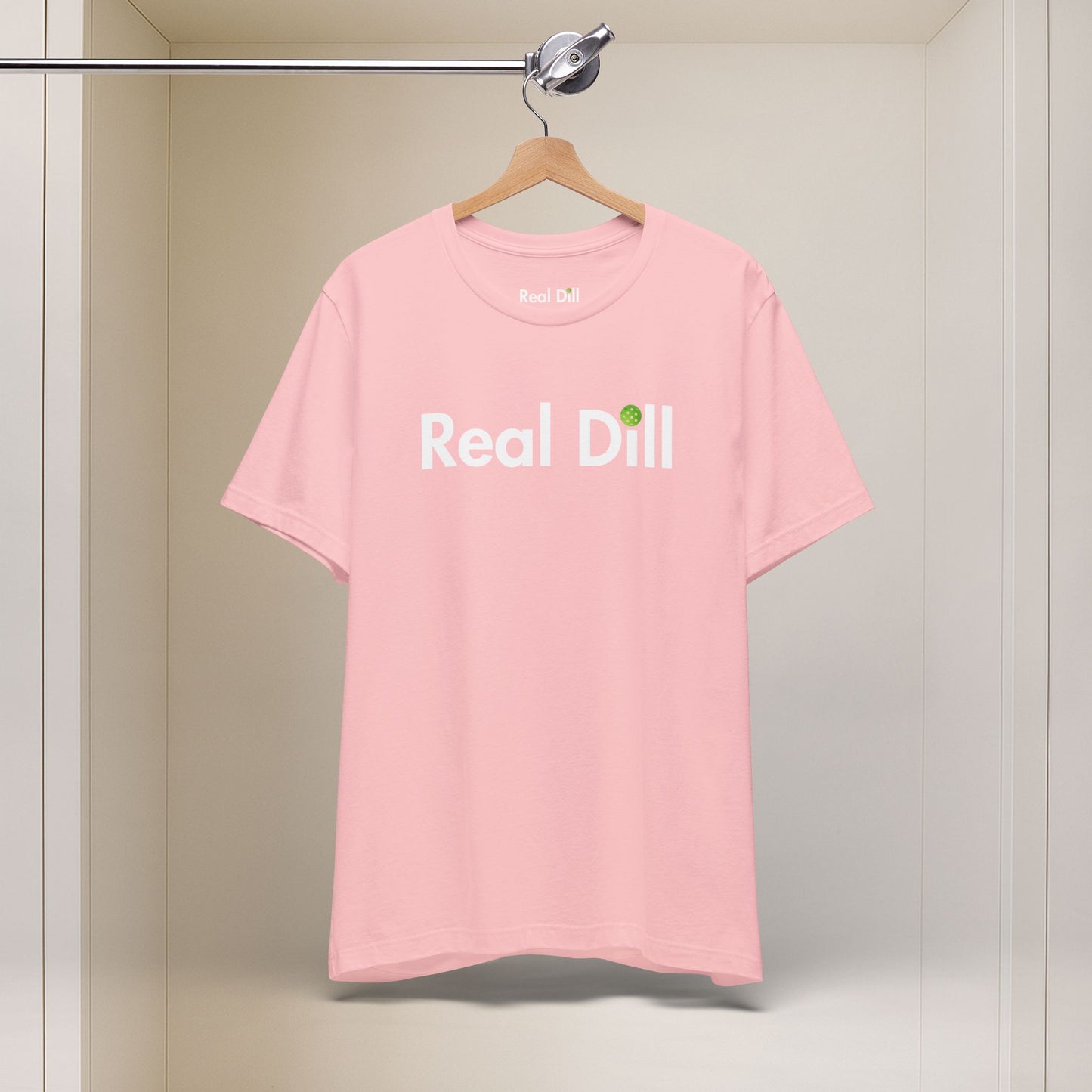 pink i'm kind of a big dill pickleball shirt – hanging front view