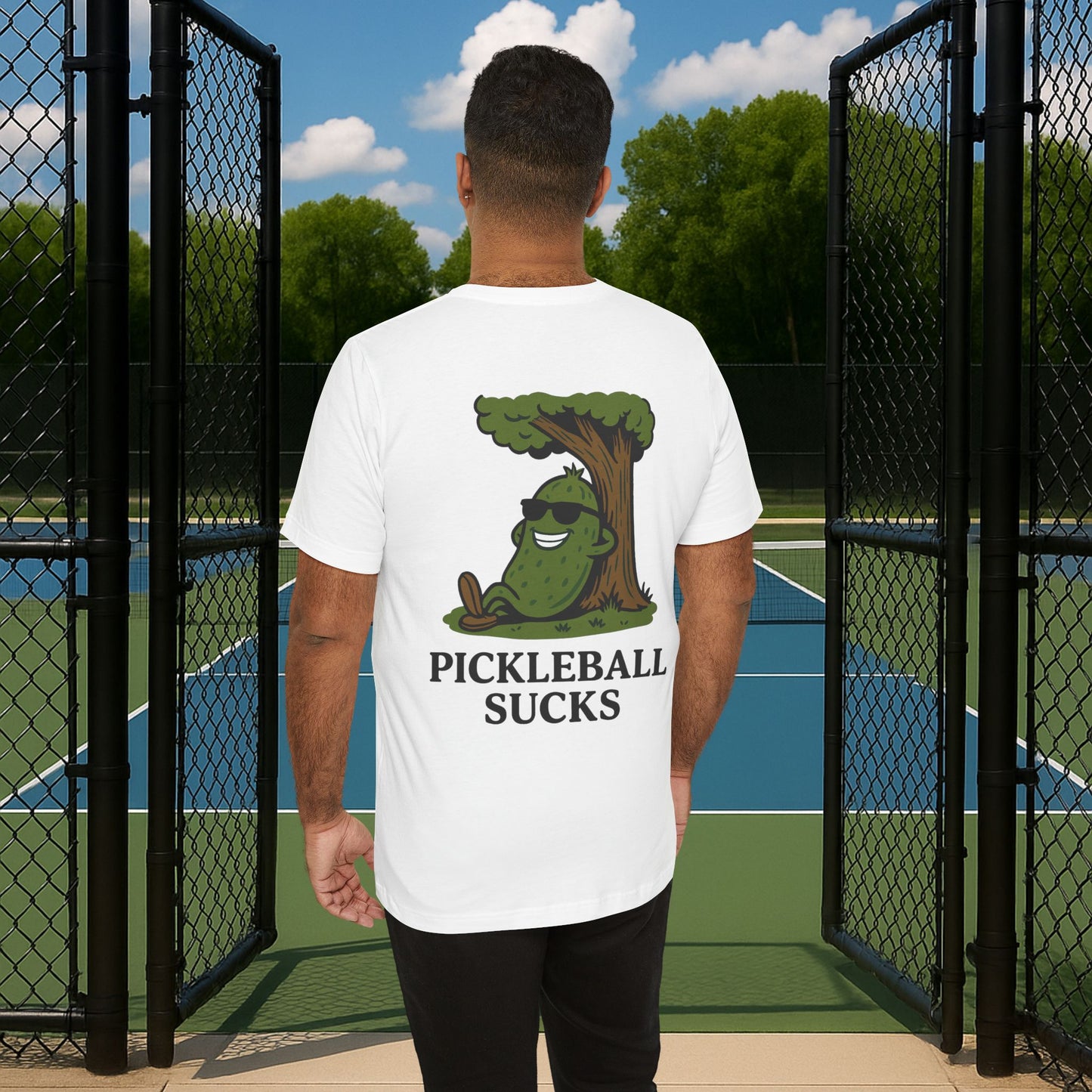 white pickleball sucks men's pickleball shirt – back print worn