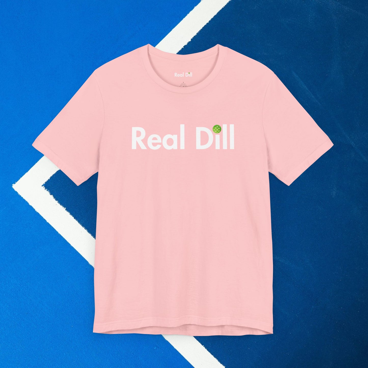 pink real dill logo pickleball shirt – front flat lay view