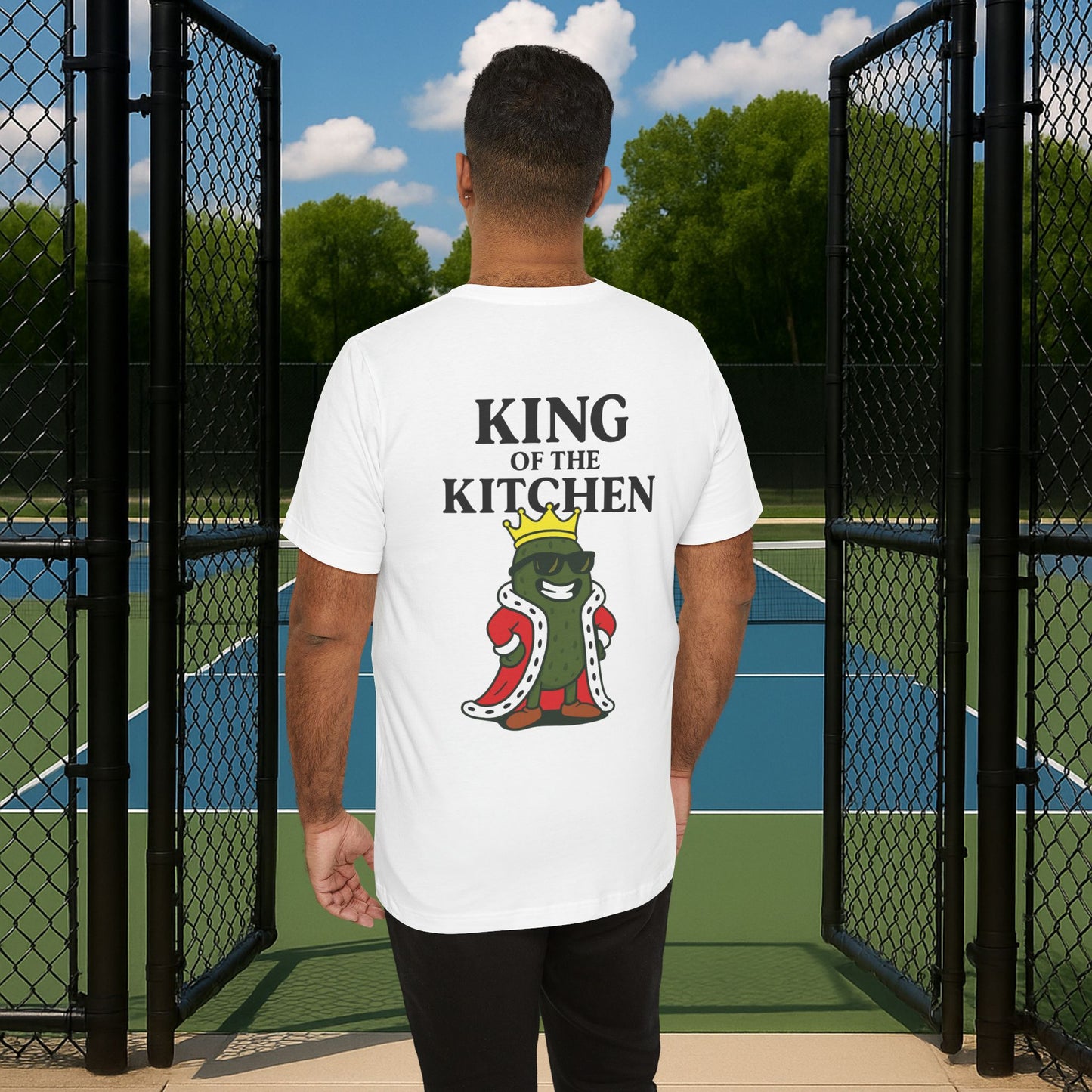 white king of the kitchen men's pickleball shirt – back print worn