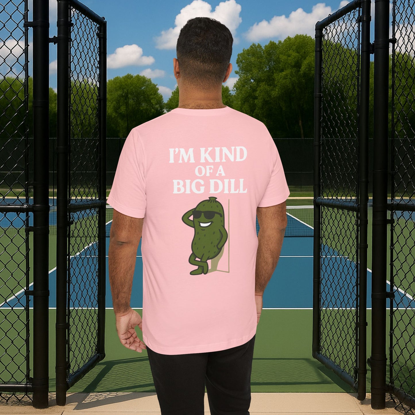 pink i'm kind of a big dill men's pickleball shirt – back print worn