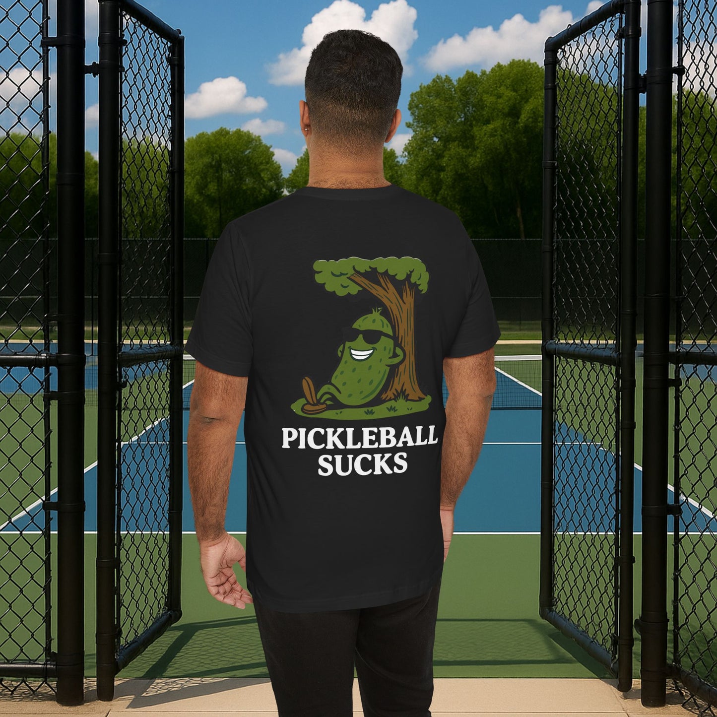 black pickleball sucks men's pickleball shirt – back print worn
