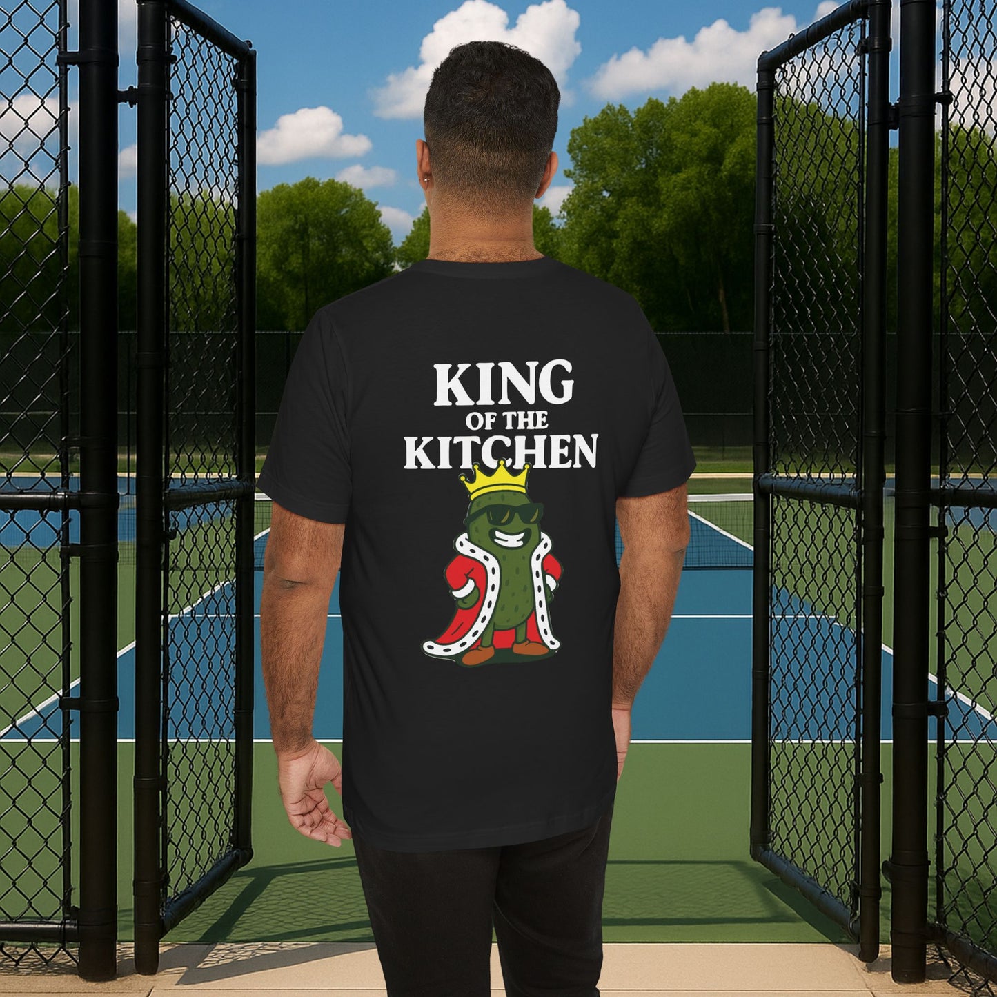 black king of the kitchen men's pickleball shirt – back print worn