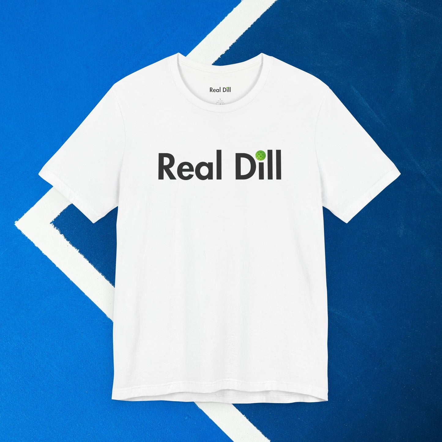 white real dill logo pickleball shirt – front flat lay view