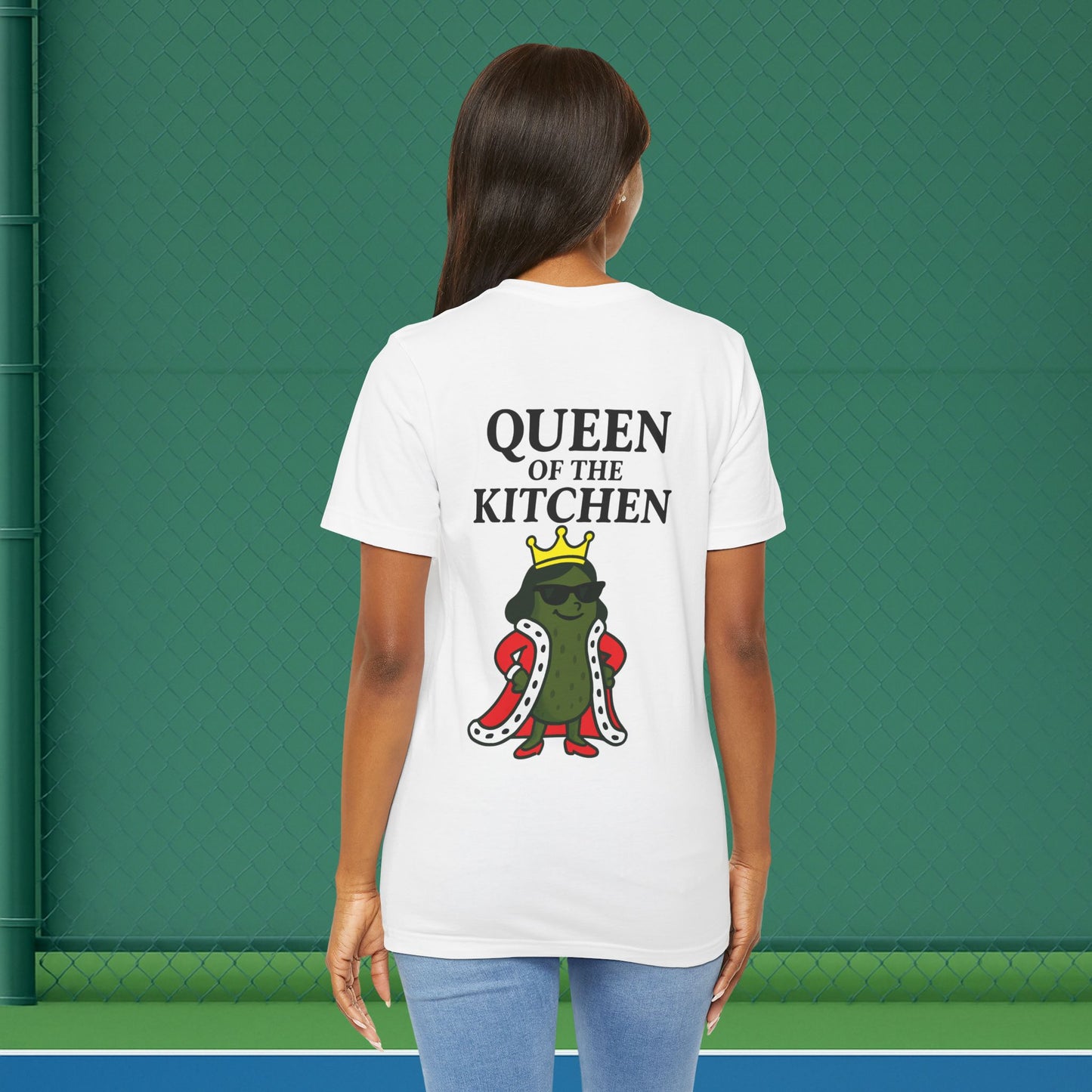 white queen of the kitchen women's pickleball shirt – back print worn