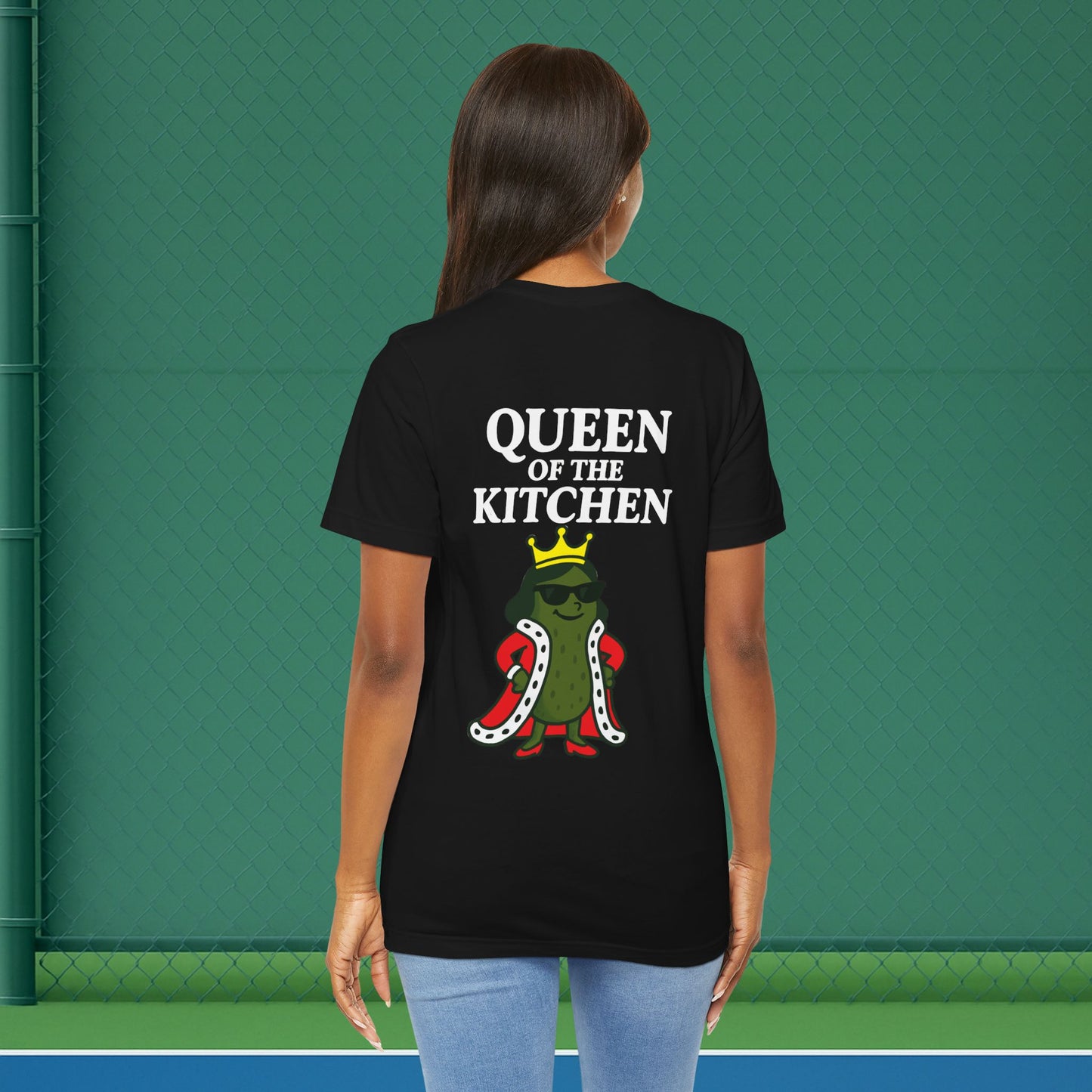black queen of the kitchen women's pickleball shirt – back print worn