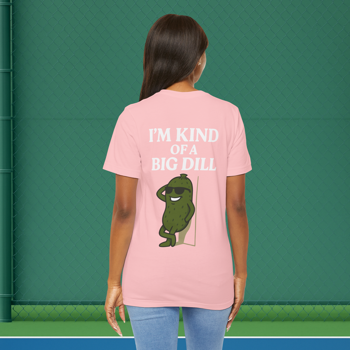 pink im kind of a big dill women's pickleball shirt – back print worn