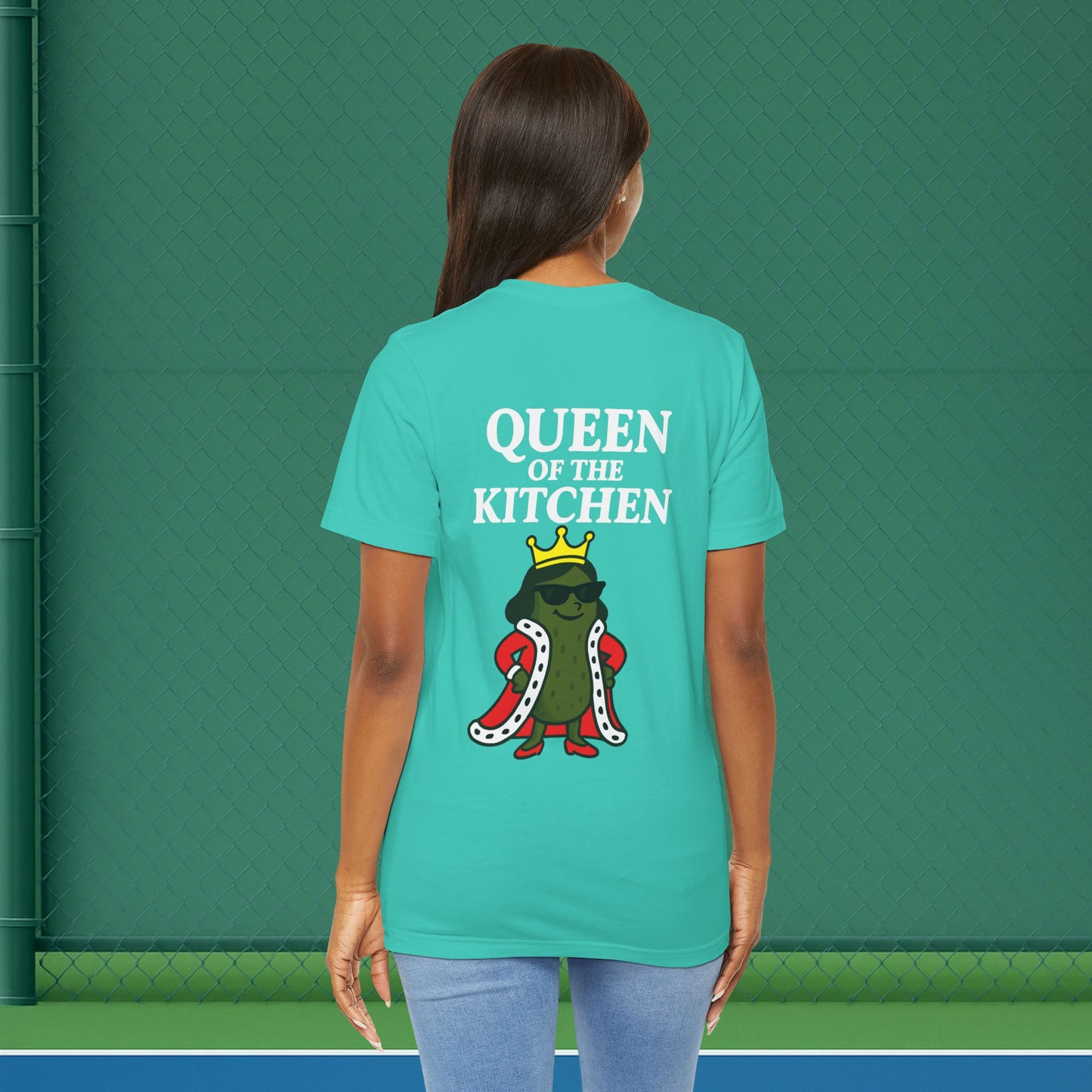 green queen of the kitchen women's pickleball shirt – back print worn