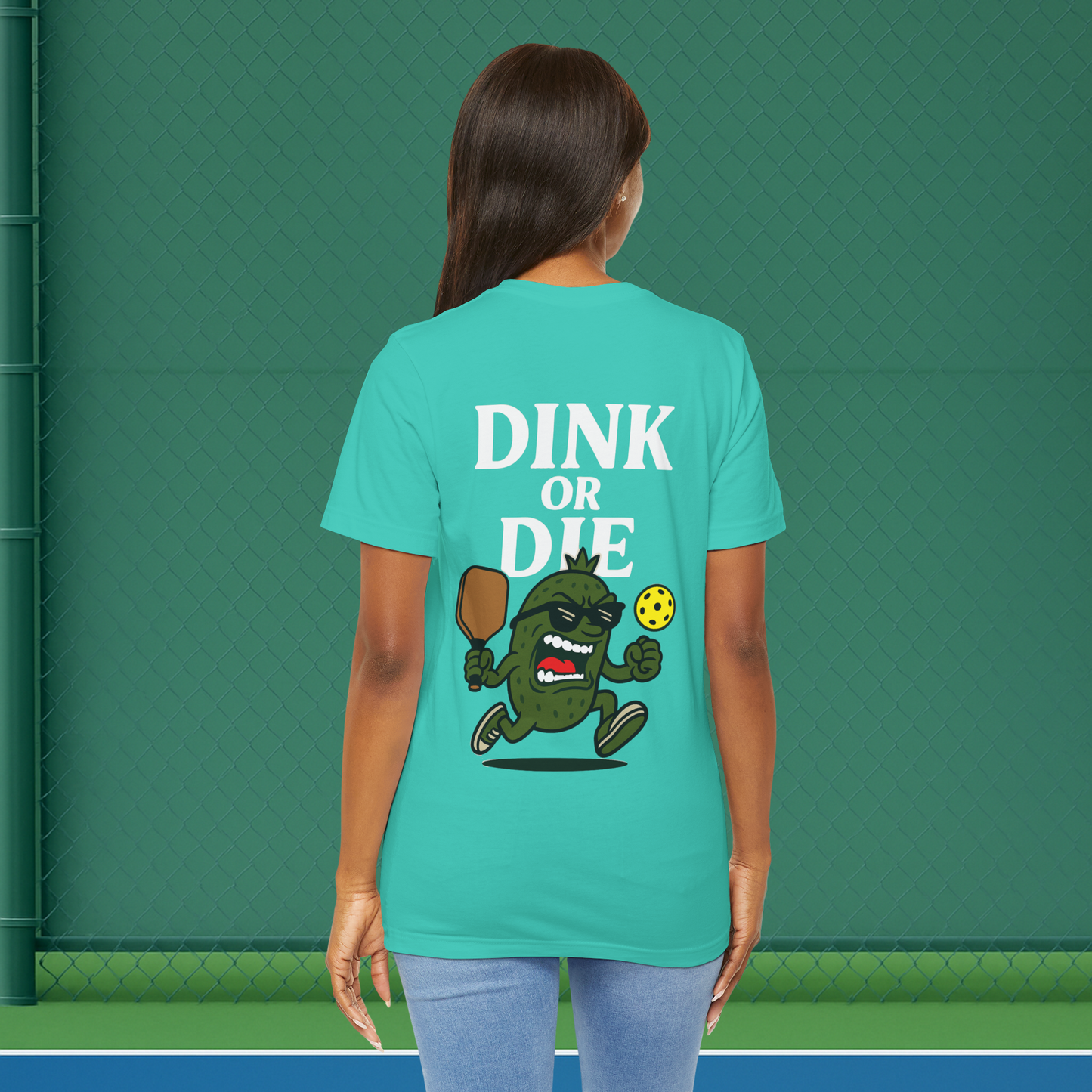 green dink or die women's pickleball shirt – back print worn