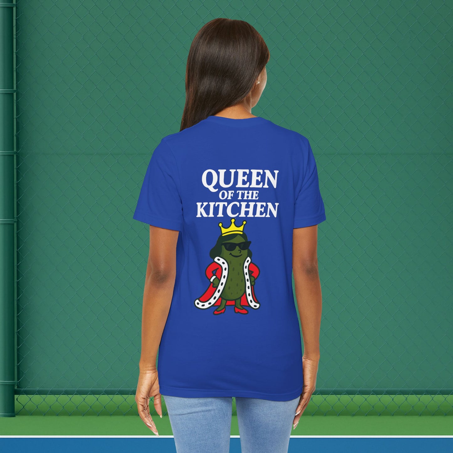 blue queen of the kitchen women's pickleball shirt – back print worn