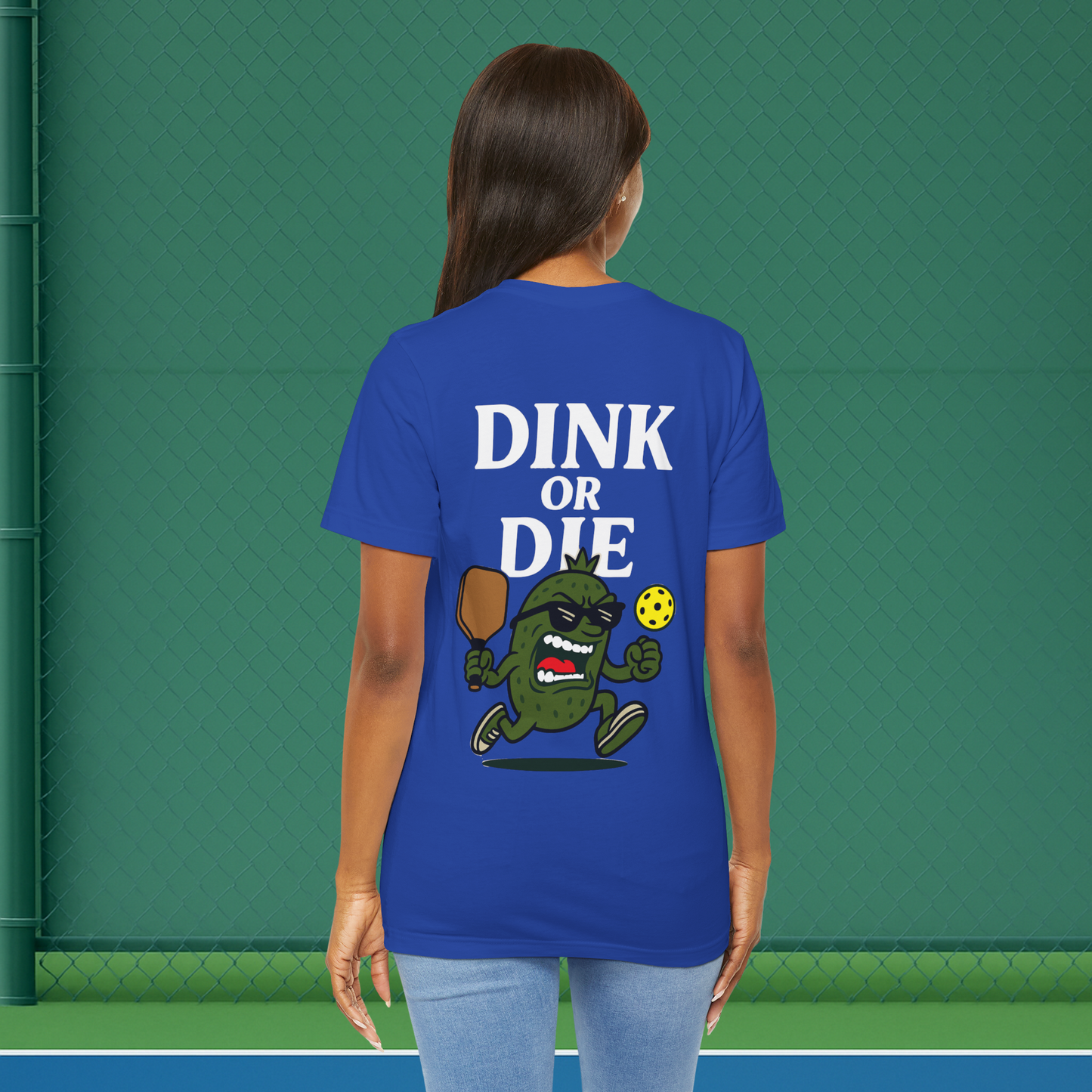 blue dink or die women's pickleball shirt – back print worn