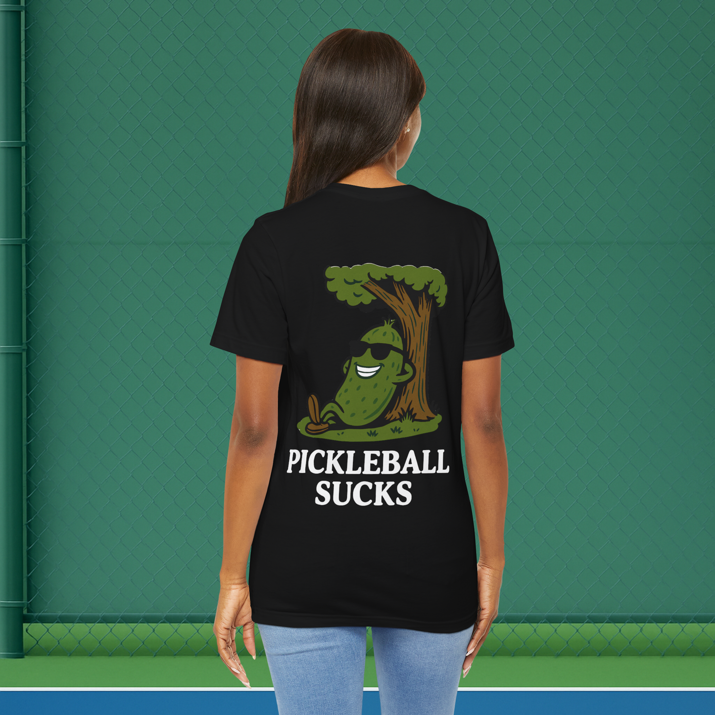 black pickleball sucks women's pickleball shirt – back print worn