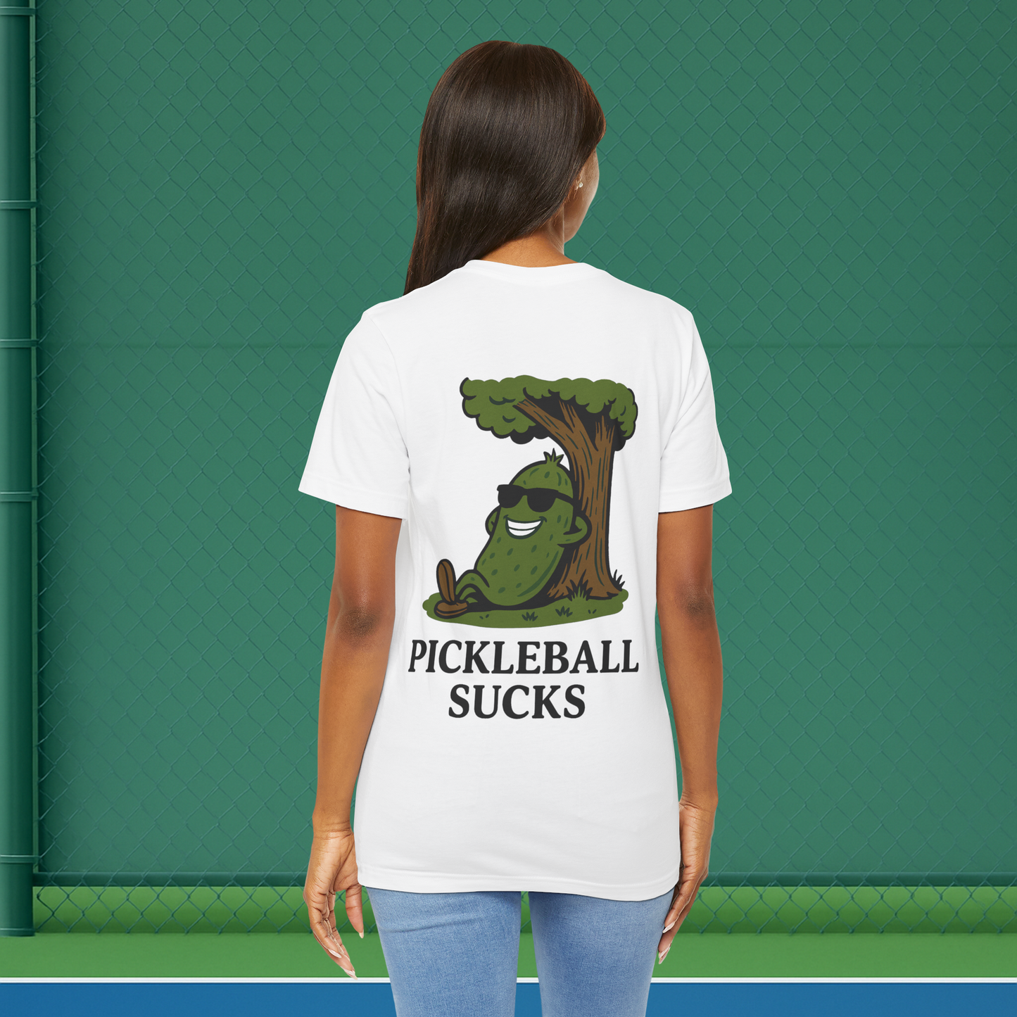 white pickleball sucks women's pickleball shirt – back print worn