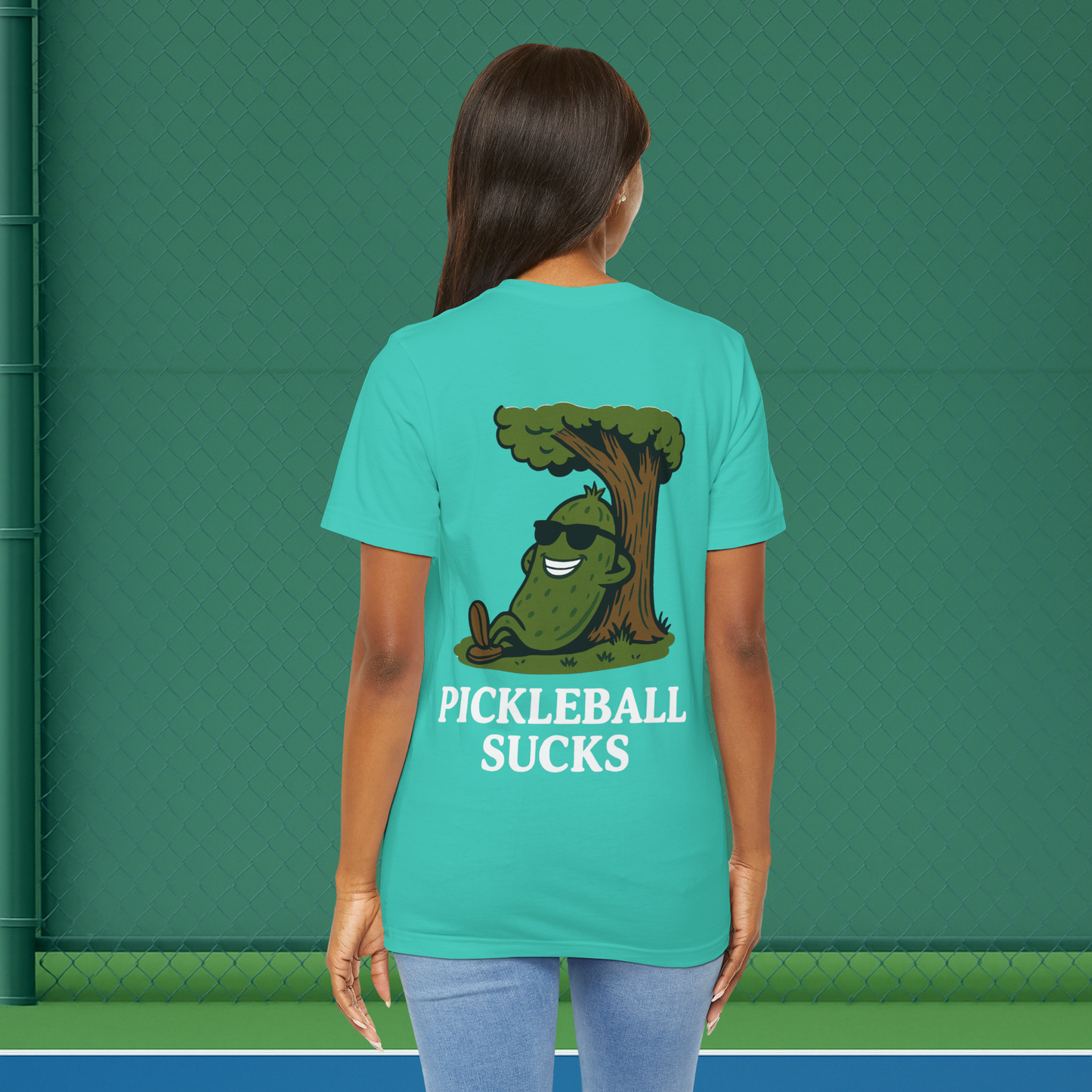 green pickleball sucks women's pickleball shirt – back print worn