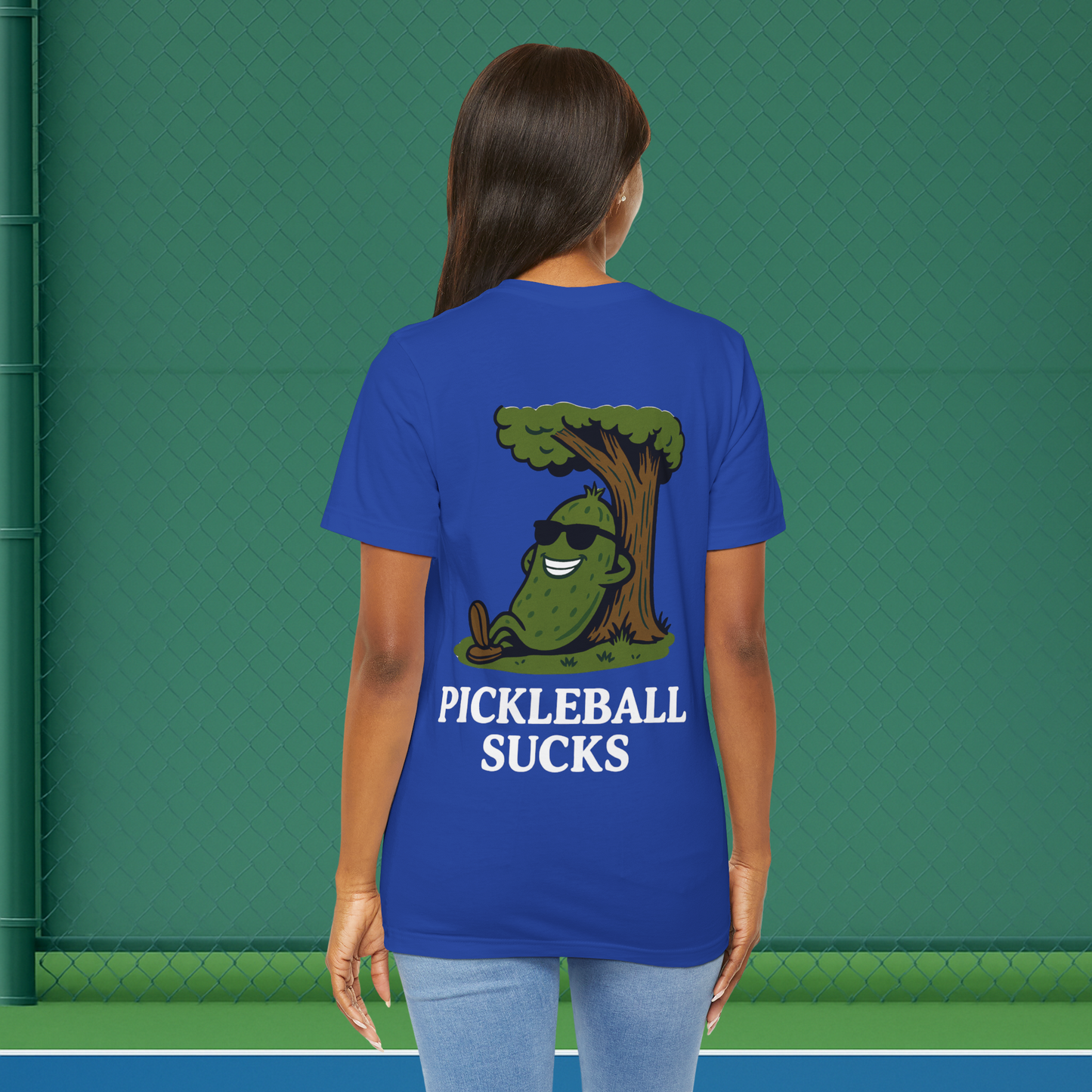 blue pickleball sucks women's pickleball shirt – back print worn