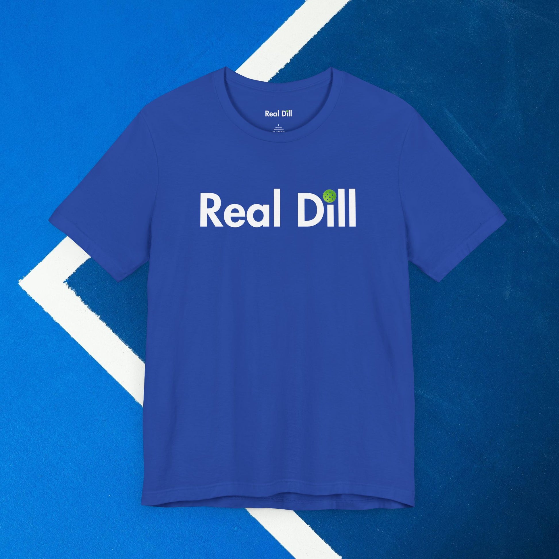 blue real dill logo pickleball shirt – front flat lay view