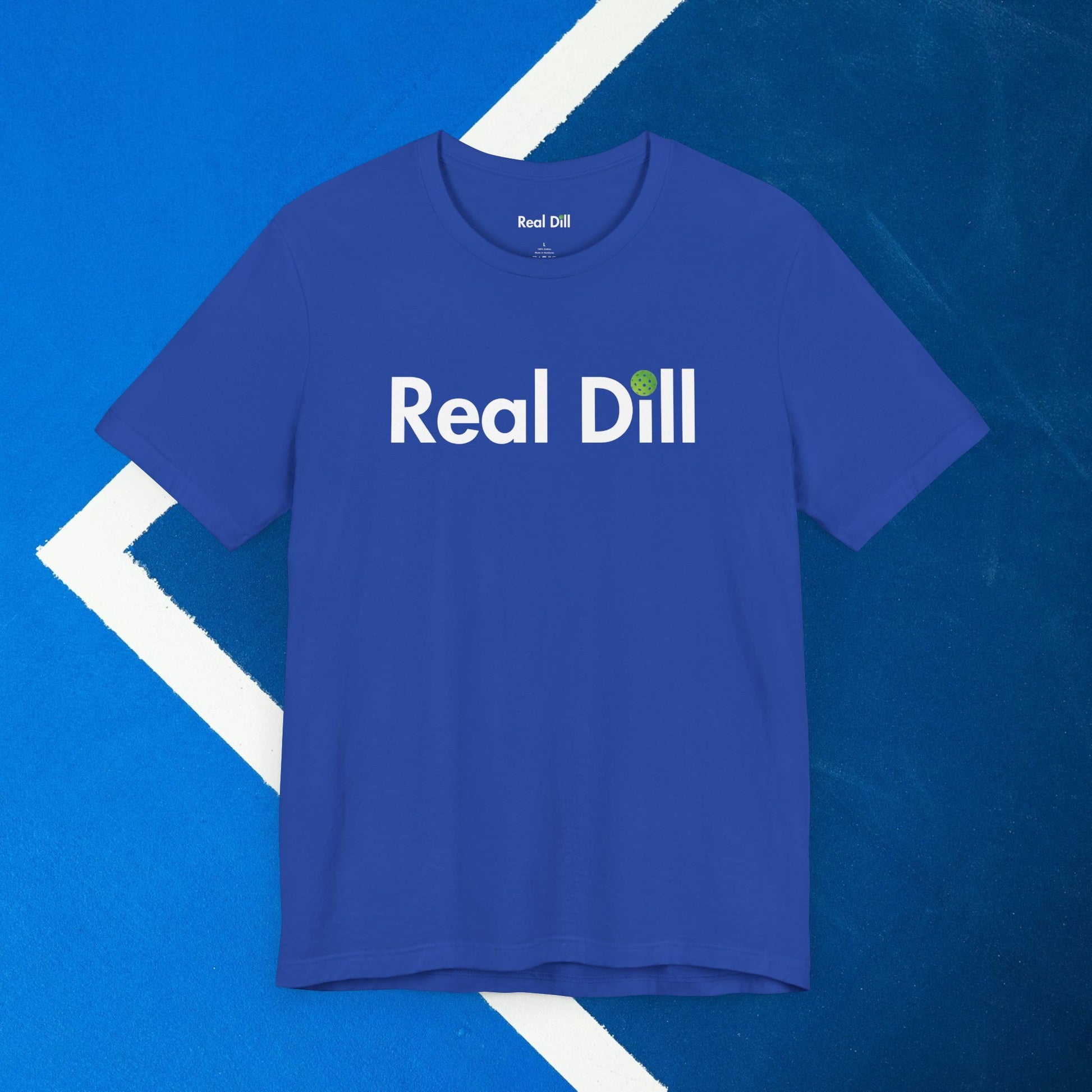 blue real dill logo pickleball shirt – front view flat lay