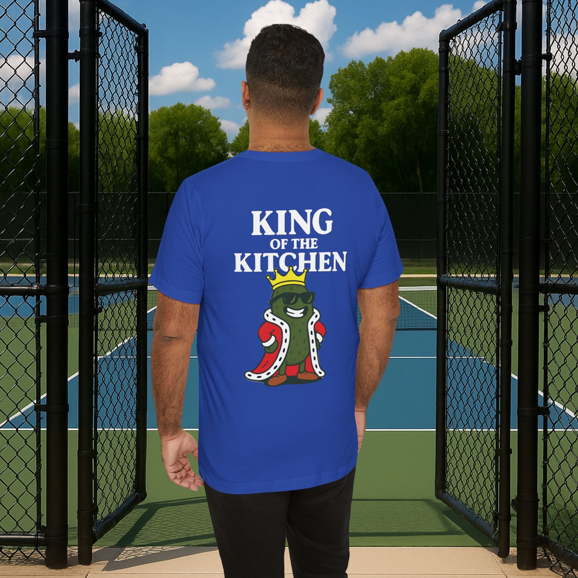 blue king of the kitchen men's pickleball shirt – back print worn
