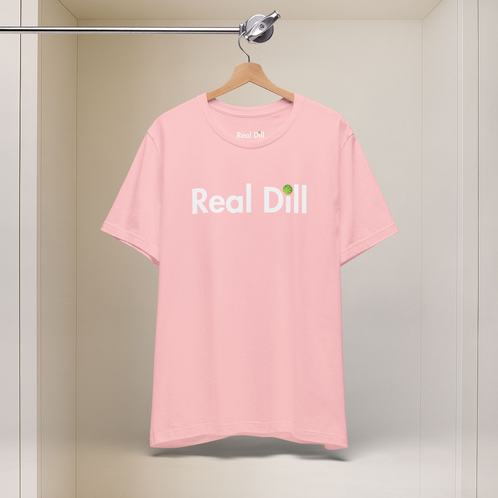 pink i'm kind of a big dill pickleball shirt – hanging front view