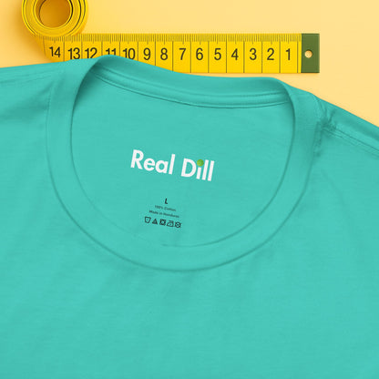 green close-up of neck label – real dill pickleball shirt branding