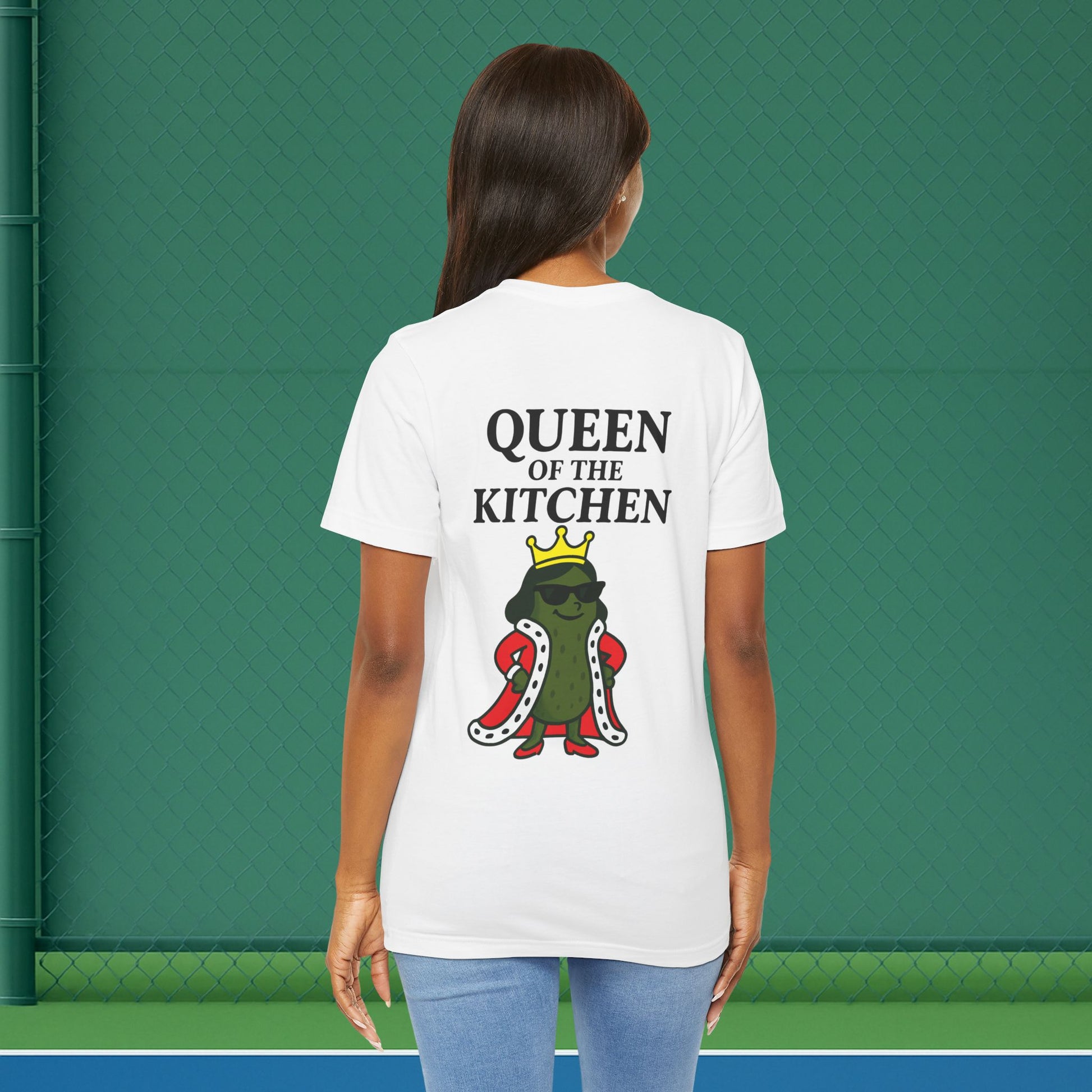 white queen of the kitchen women's pickleball shirt – back print worn