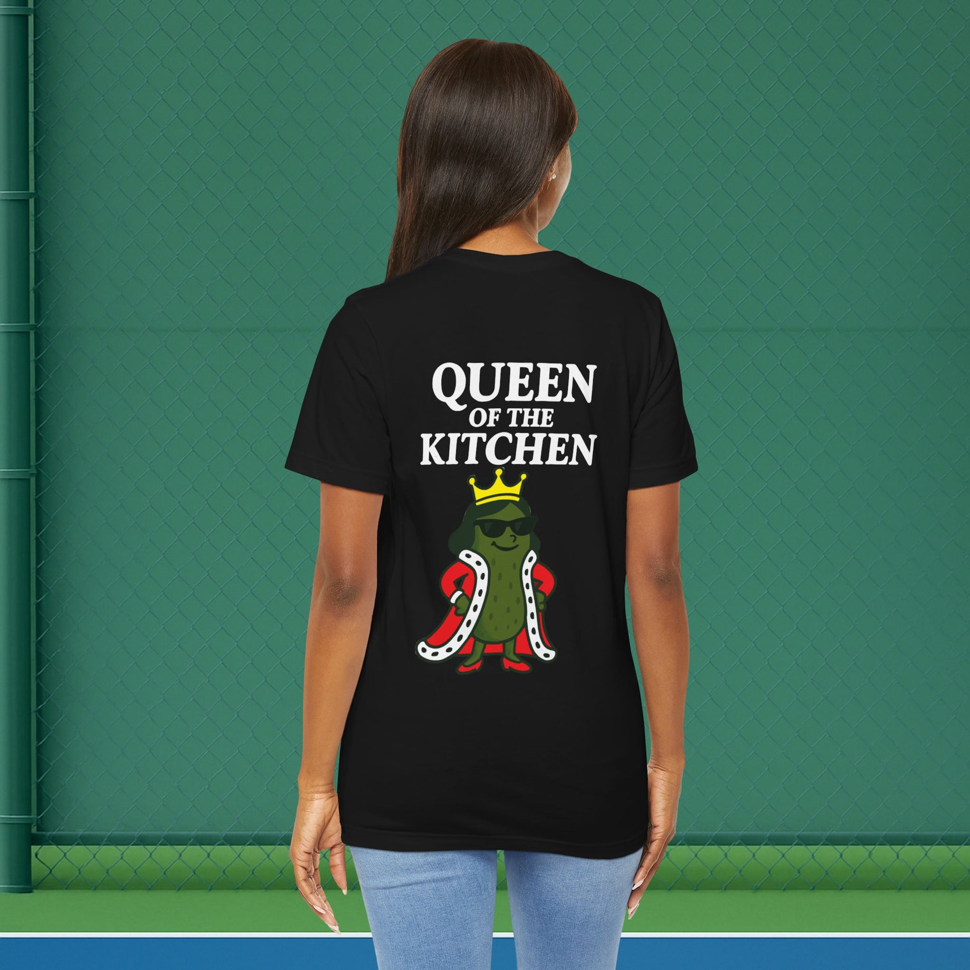 black queen of the kitchen women's pickleball shirt – back print worn
