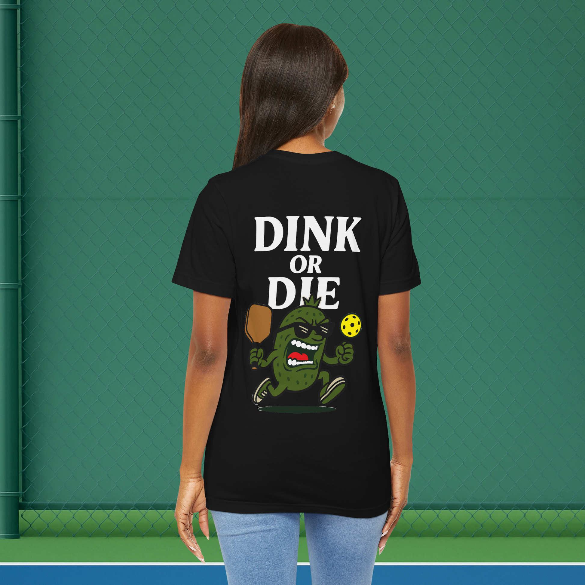 black dink or die women's pickleball shirt – back print worn
