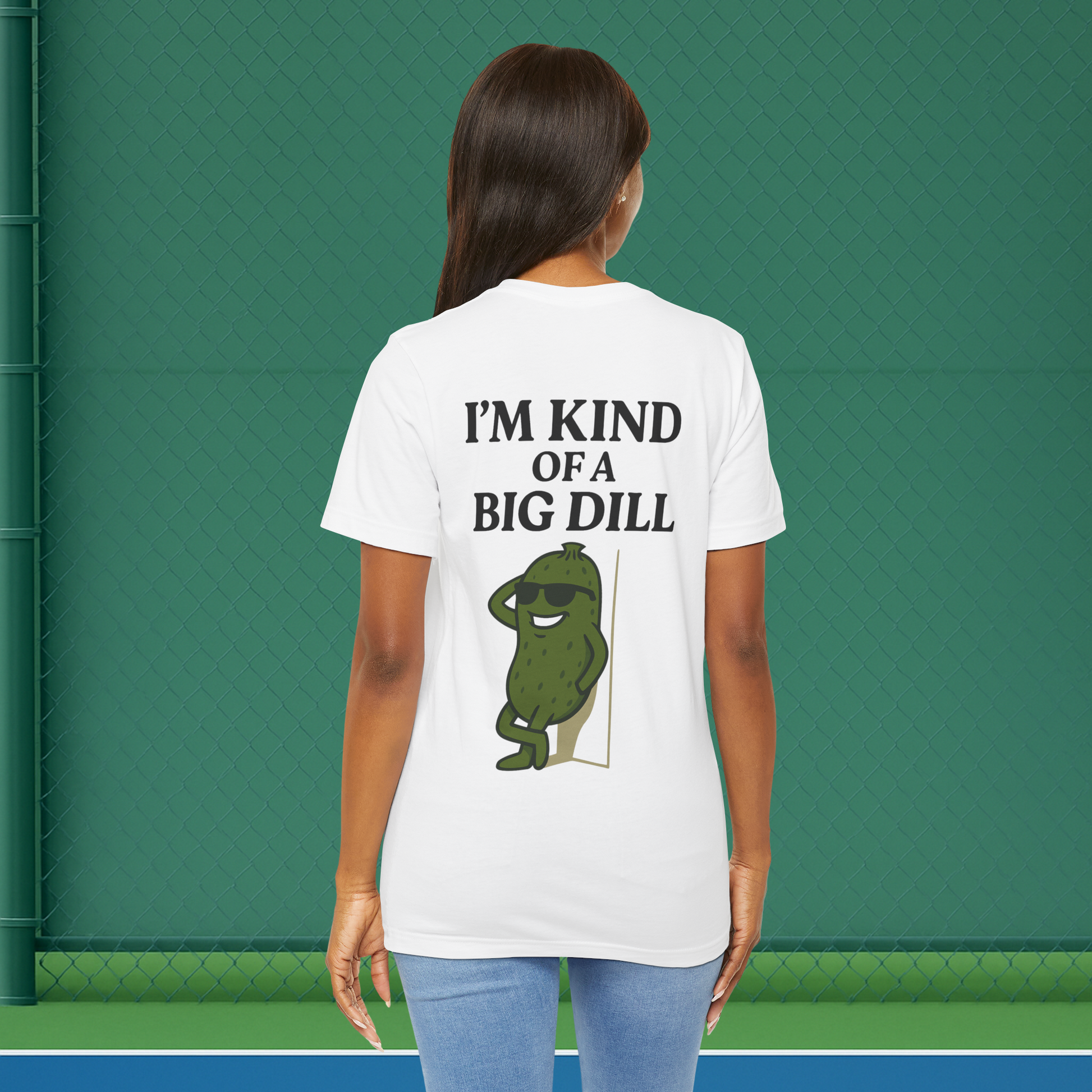 white im kind of a big dill women's pickleball shirt – back print worn