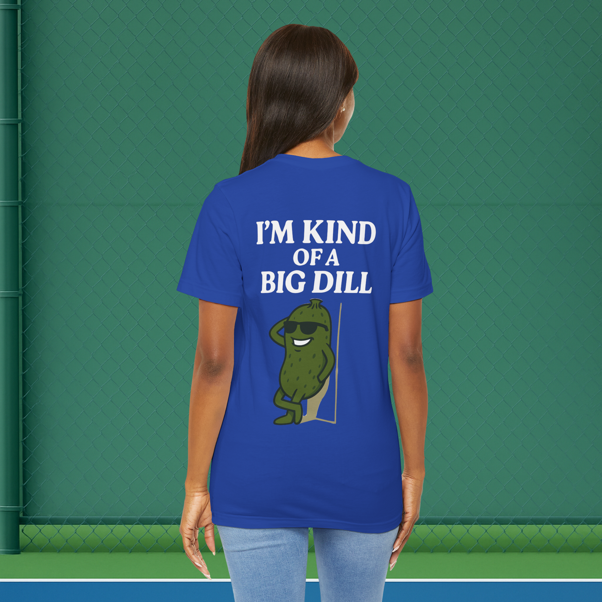 blue im kind of a big dill women's pickleball shirt – back print worn