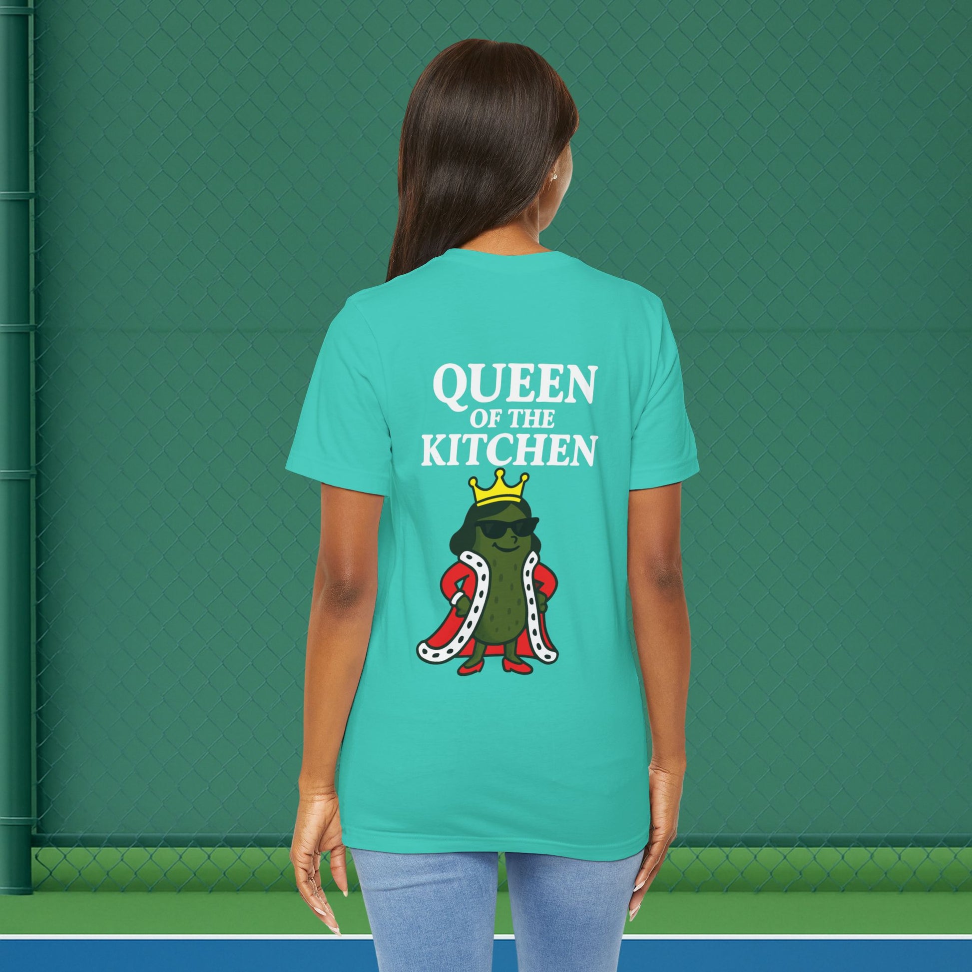 green queen of the kitchen women's pickleball shirt – back print worn