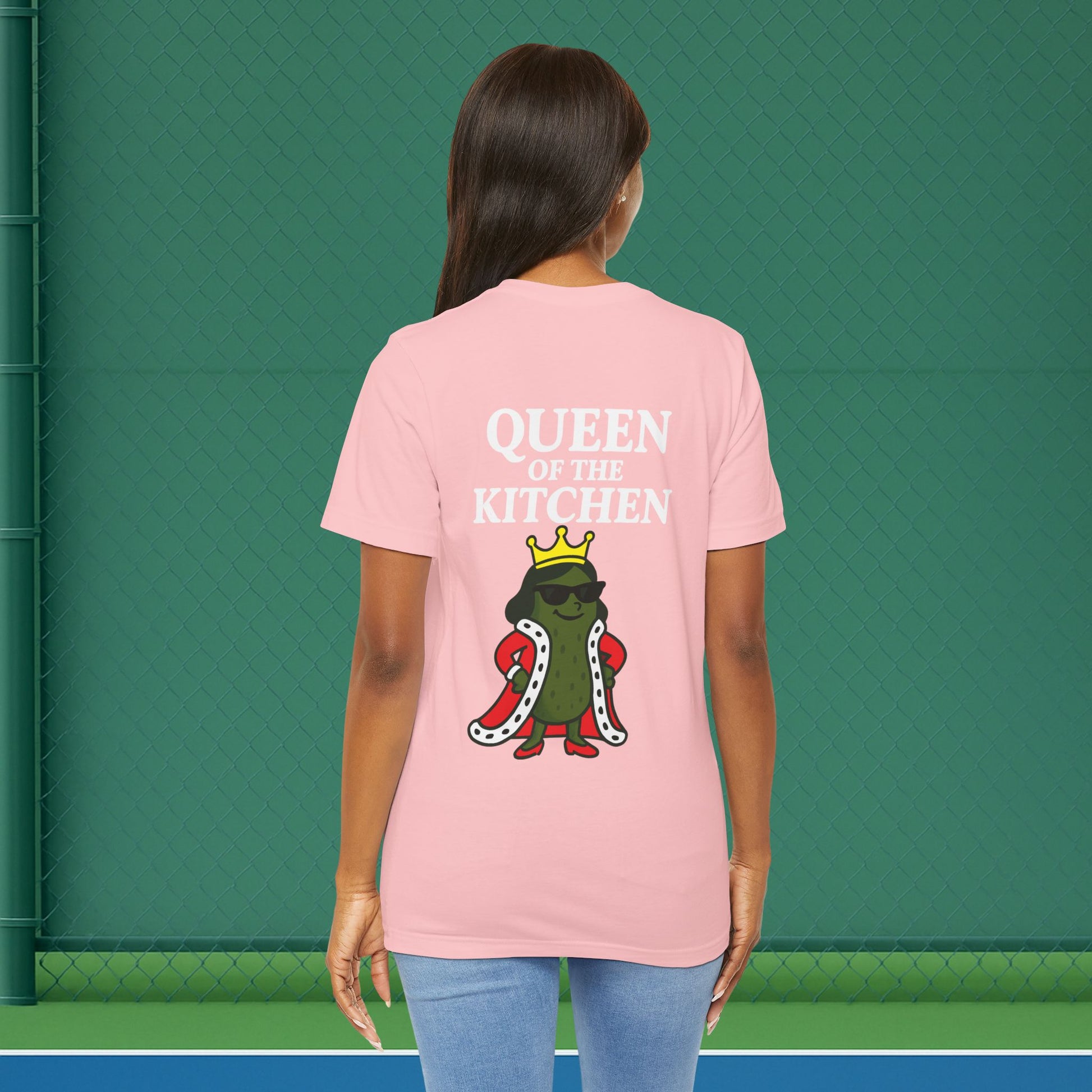 pink queen of the kitchen women's pickleball shirt – back print worn