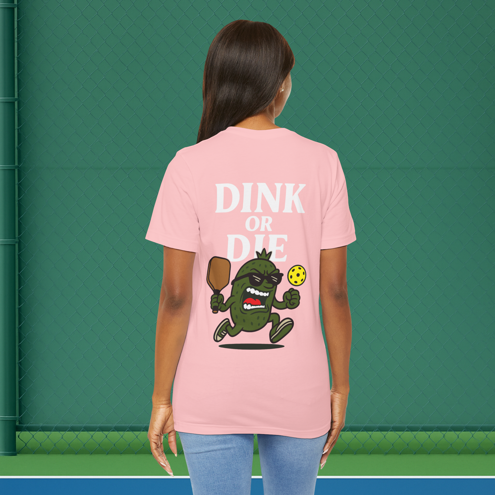 pink dink or die women's pickleball shirt – back print worn