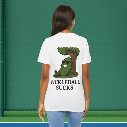 white pickleball sucks women's pickleball shirt – back print worn