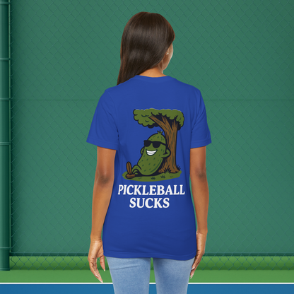 blue pickleball sucks women's pickleball shirt – back print worn