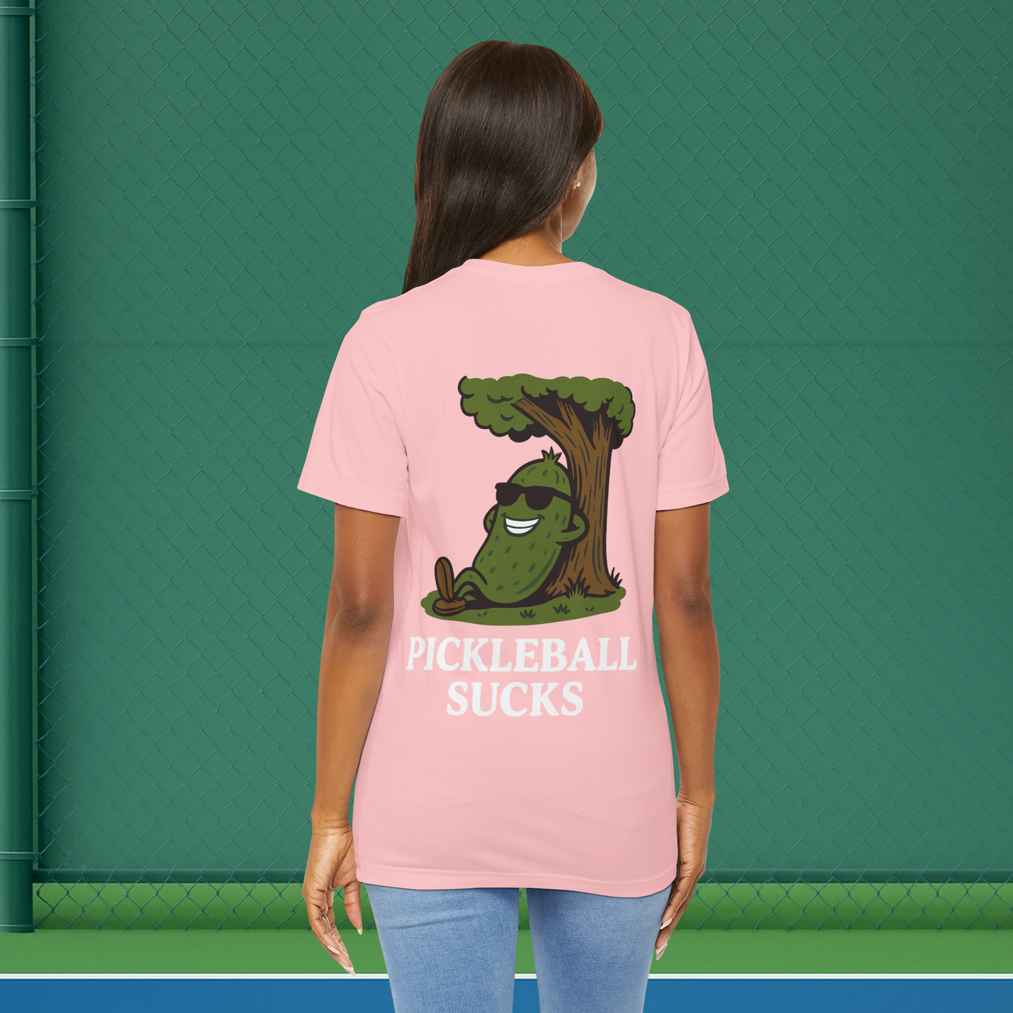 pink pickleball sucks women's pickleball shirt – back print worn