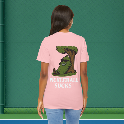 pink pickleball sucks women's pickleball shirt – back print worn